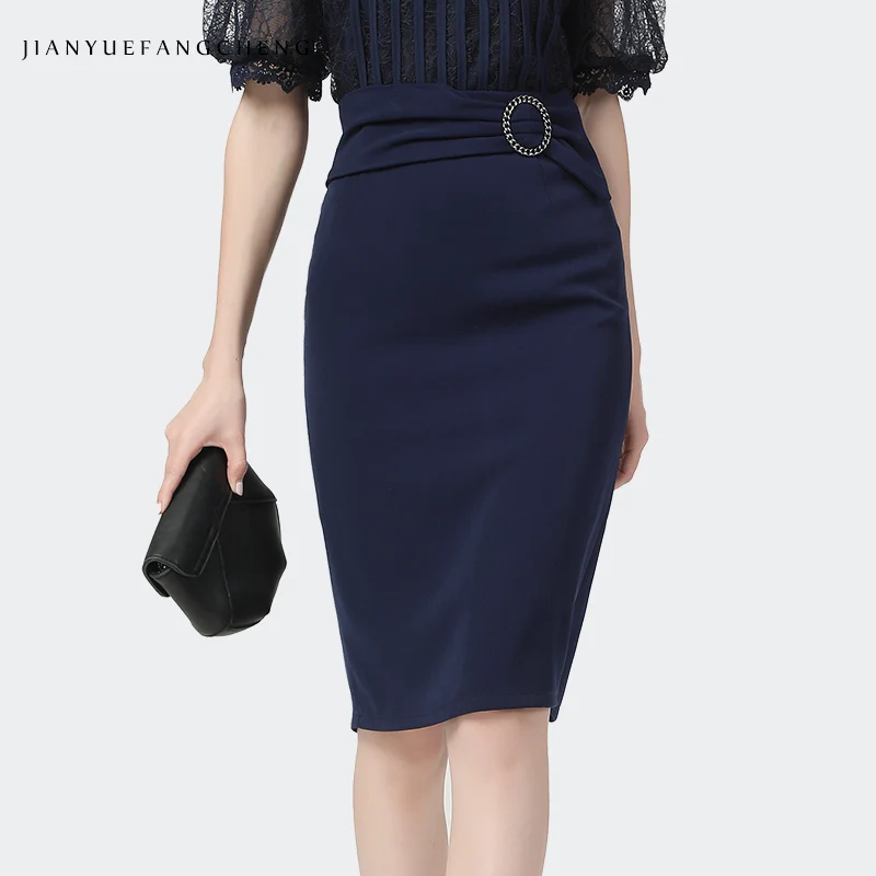 

Elegant Sexy Ladies Dark Blue Pencil Skirt Metal Buckle Design Knee-Length 2021 Summer New High Waist Slim Female Office Bottoms