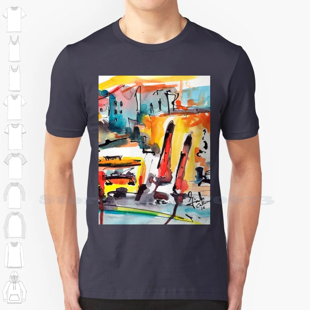 City Streets 100% Cotton T-Shirt Watercolor City Streets Colorful Red Yellow Primary Colors Ginette