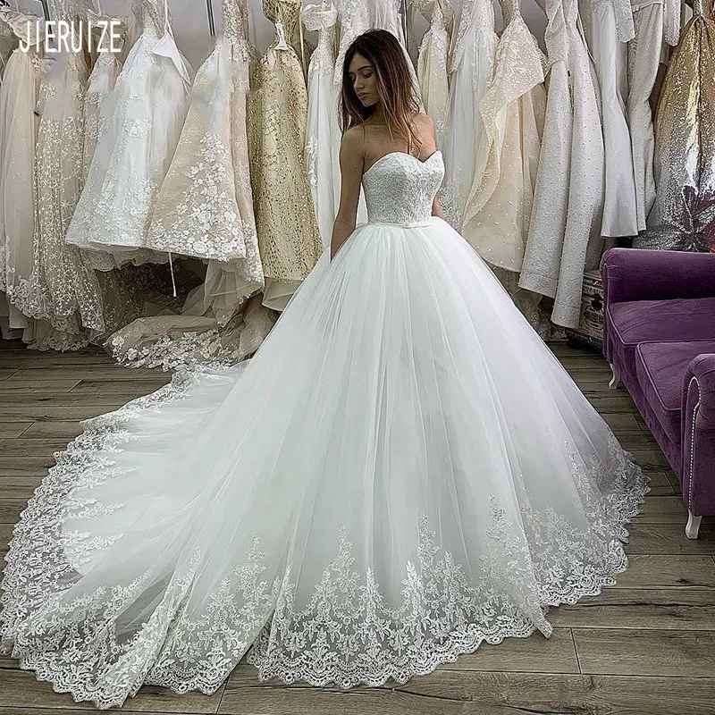 JIERUIZE Modest Tulle Wedding Dresses Sweetheart Appliques Bow Sash Sleeveless Bridal Gowns Lace Up Back robe de mariee