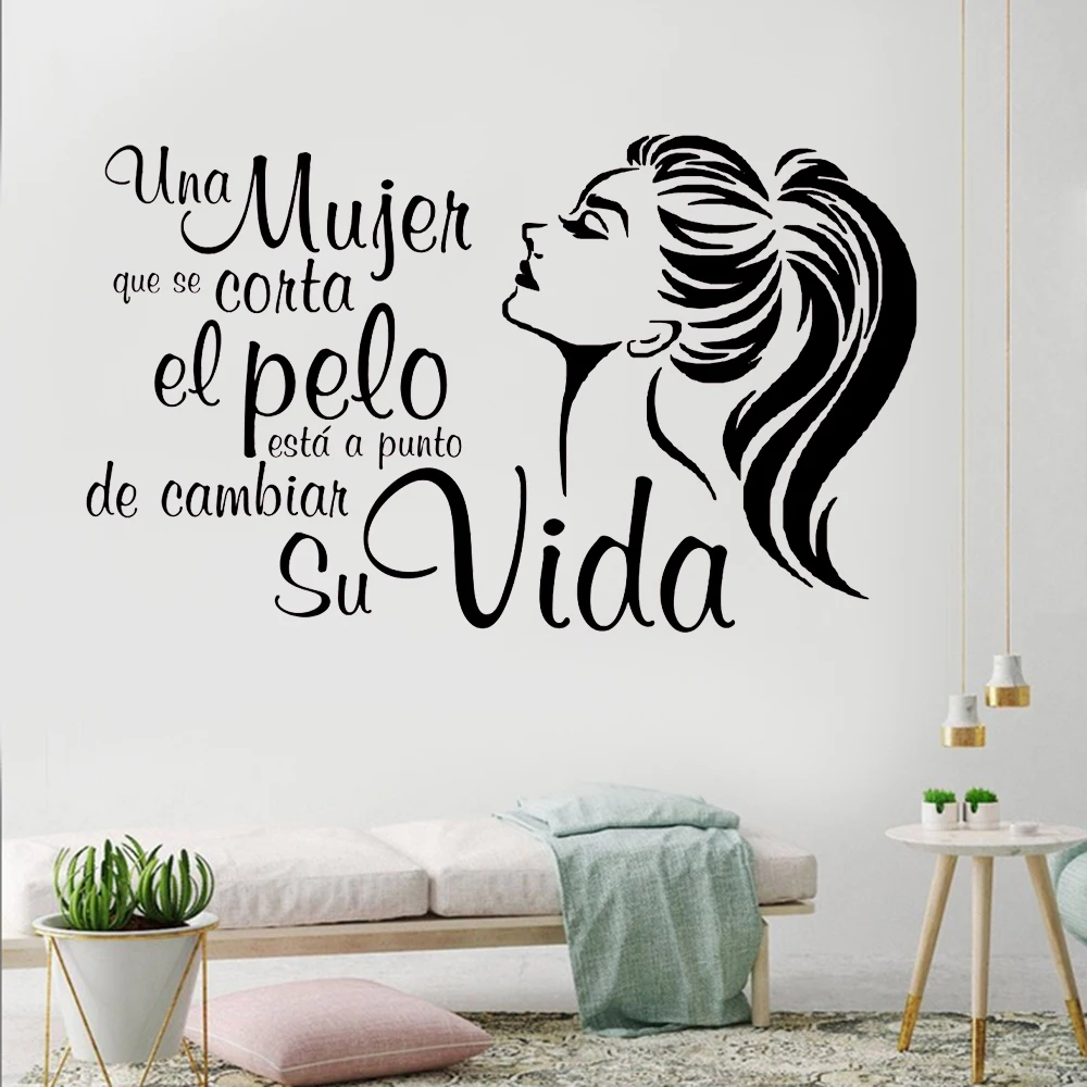 

Spanish Quotes Wall Decals A Woman Cut Hair Is Change His Life Home Decor Hairdress Salon Vinyl Shop Window Wall Stickers Z077