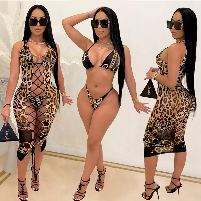 Badeanzug Frauen 3 Stück Bikini Set mit Cover Up Kleid Leopard Aushöhlen Sexy Strand Kleid Sets Badeanzug Frauen 3 stück Sets