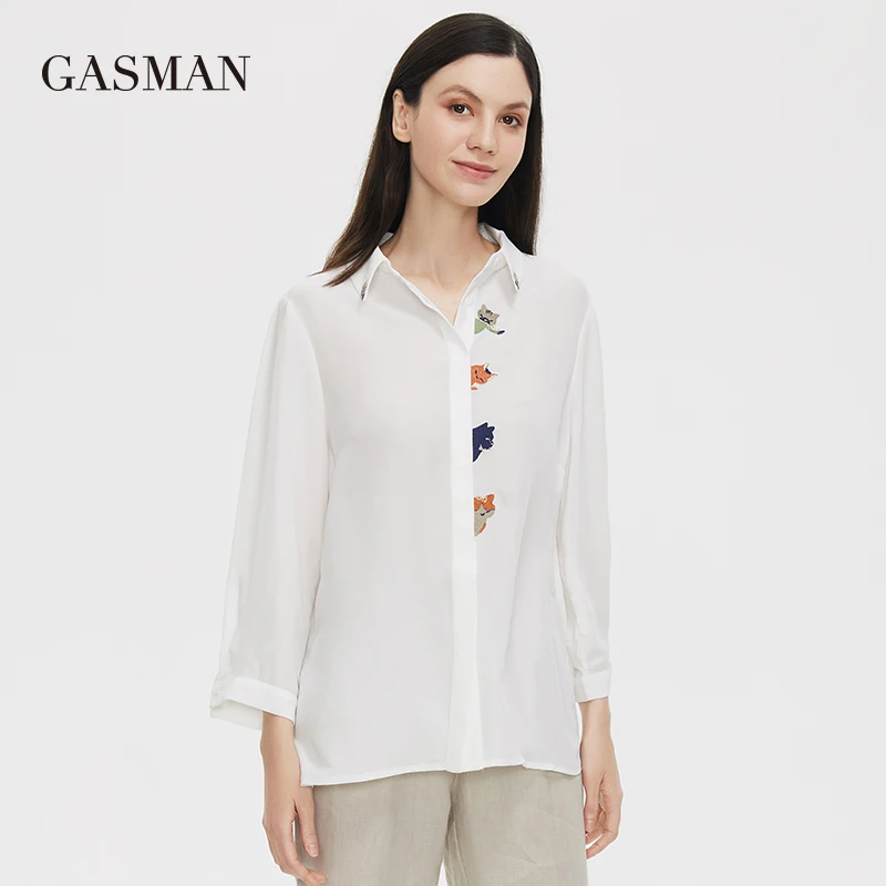 GASMAN New Summer women\'s t-shirt 2022 Pure white Buttoned 3/4 sleeve t-shirts animal print lapel fashion Blouses 5270