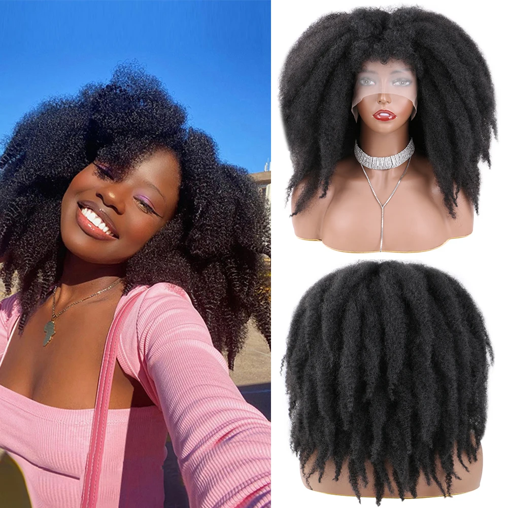 

Короткий синтетический афро кудрявый Твист парик кружевной передний парик с челкой 14 дюймов пушистый афро марли твист плетение волос парик для женщин