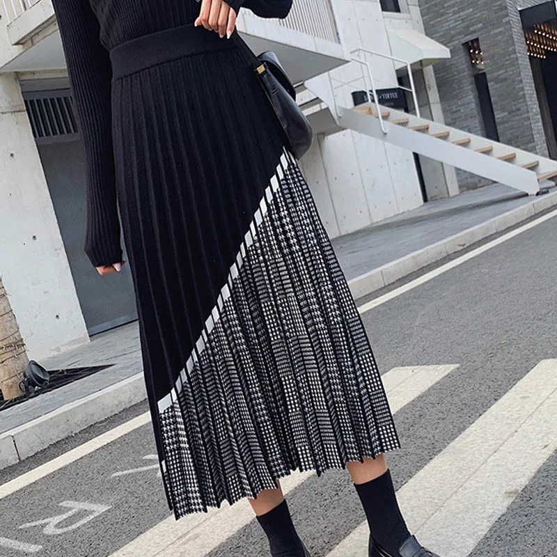 High Quality Women's Knitted Skirt 2022Fall Winter Fashion Houndstooth Hit Color Patchwork Skirt Pleated Thick Black Warm Skirts