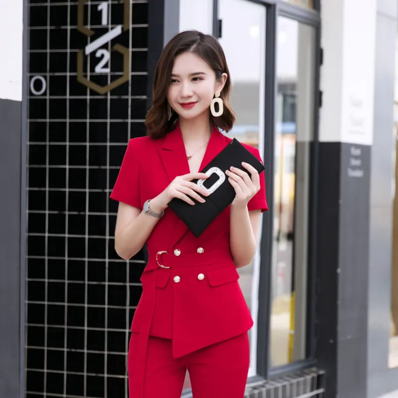 

High-end large size suits women's summer new style belt waist slimming temperament short-sleeved suit nine pants two sets