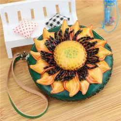 Mini bolsa de moedas de girassol de couro, bolsa pequena de couro de vaca com flor do sol, bolsa para cartões, chaveiro, moeda, bolsa de mão para crianças