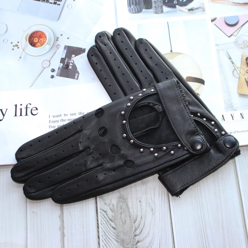 New high-quality women\'s goatskin full-finger gloves leather fashion rivets single-layer unlined thin driving gloves