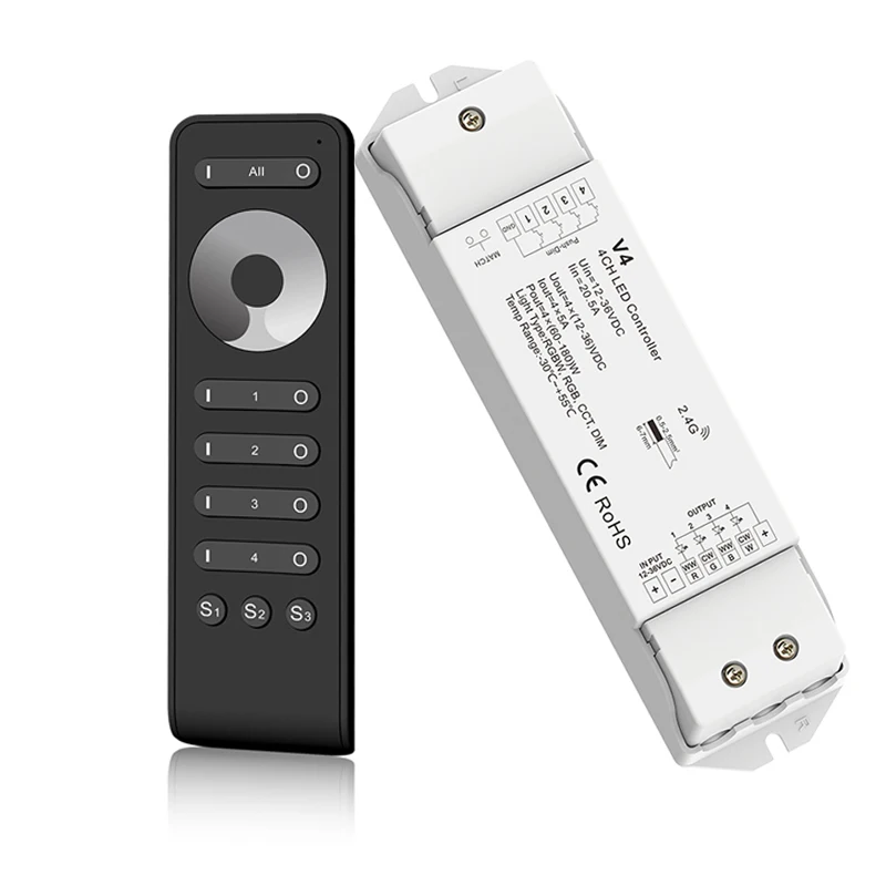 

Led Strip Dimmer 12V Input 4x5A 20A Output Wireless Receiver V4 4 Channels 2.4Ghz RF Remote RS1 Dim Each Channel separately