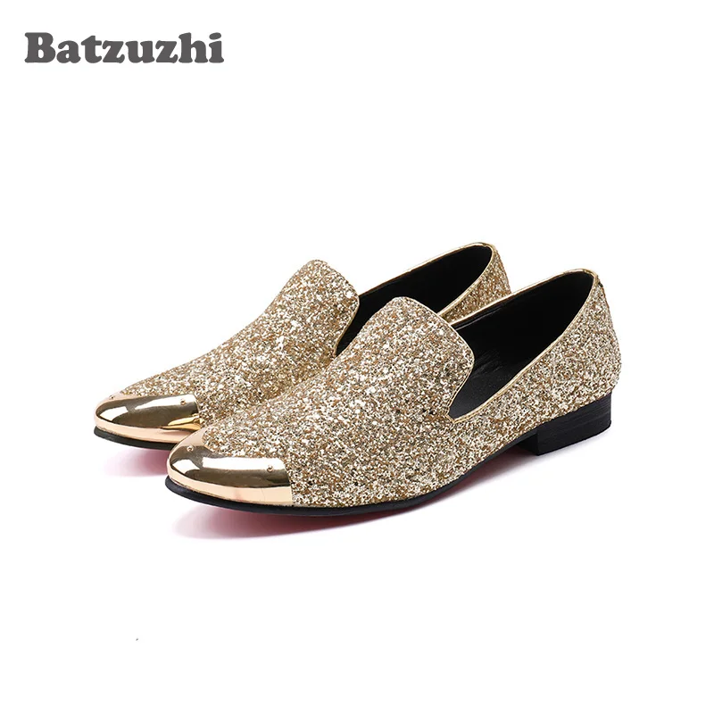 

Batzuzhi Luxury Men Shoes Metal Toe Gold Glitter Leather Dress Shoes Loafers Men Flats for Men Wedding and Party Zapatos Hombre