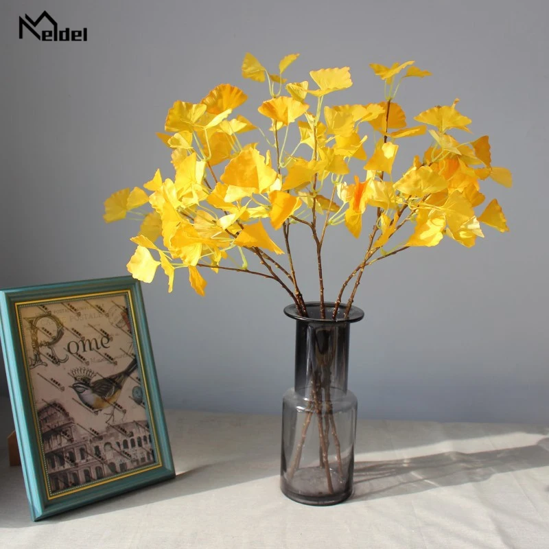 Meldel Artificial Plant Yellow Ginkgo Leaves Garden Home decor 3 Branches Fake Leaves Autumn Decoration Artificial Plastic Plant