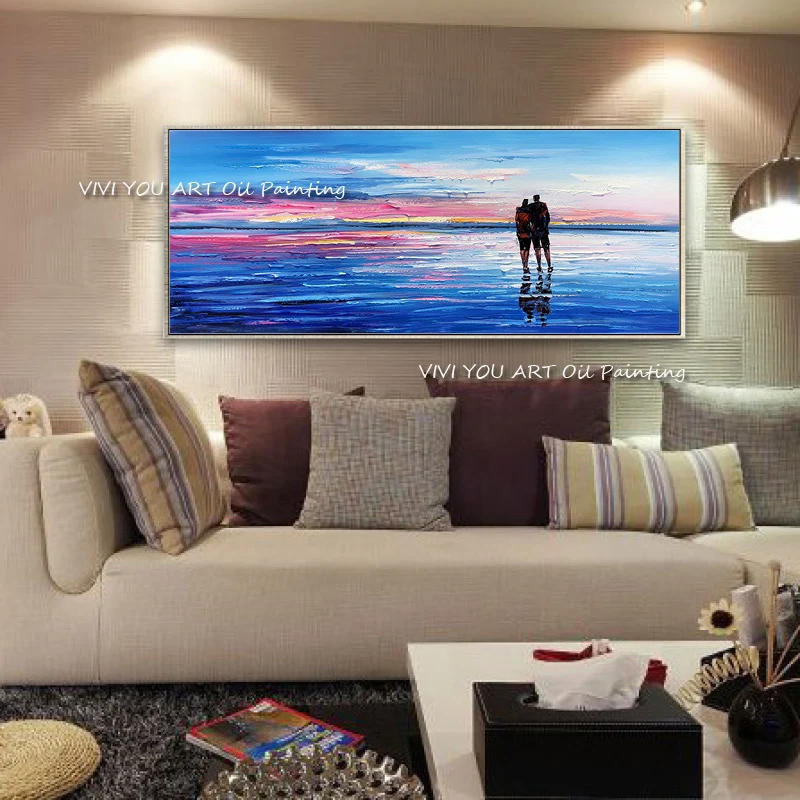 

Aestheticism Blue Ocean Landscape Couple's back Handmade Canvas Painting Wall Art Picture for Living Room Cuadros Decor Salon