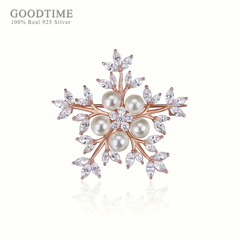 Women Brooch Noble Sterling Silver Brooch With Zircon Snowflake Rhinestone Beads Brooch Jewelry Clothes Pin For Party Dress