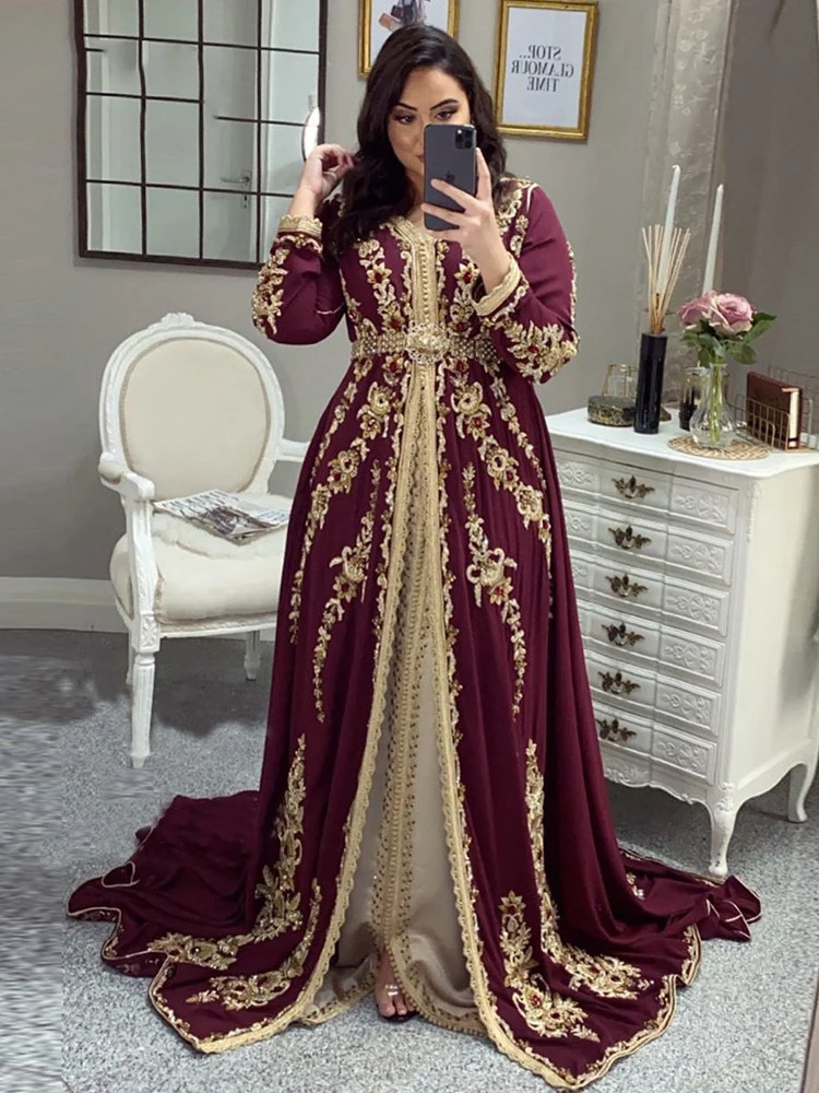 LORIE eleganckie marokańskie suknie wieczorowe kaftan bordowy haft frezowanie damska odzież wieczorowa formalne suknie Kaftan sukienka Plus rozmiar