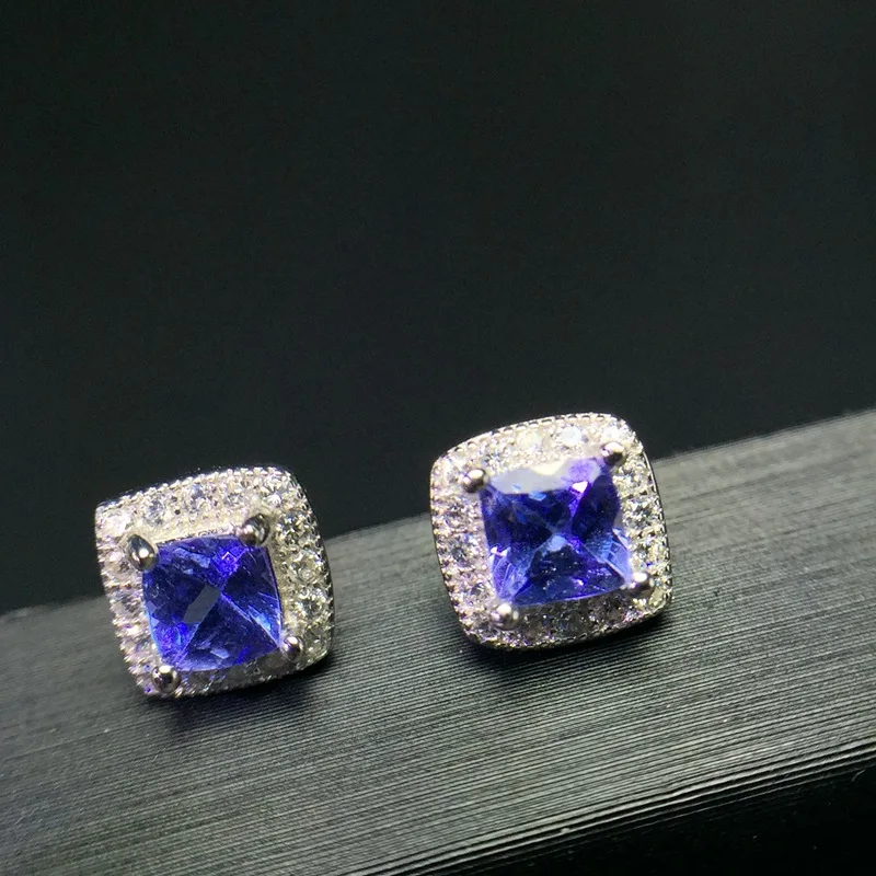 100% Natural VVS Tanzanite Stud Earrings 4Mm * 4 Mm Trillion Cut Tanzanite Earring for Wedding Solid 925 Silver Tanzanite Jewel