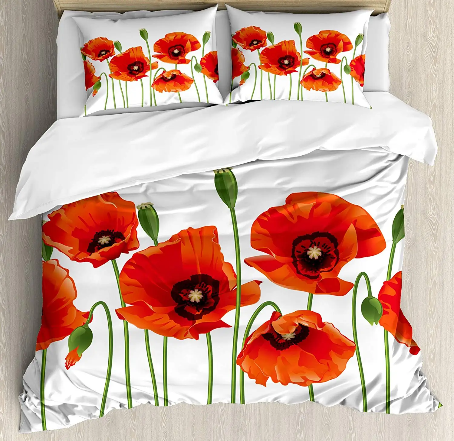 Floral Duvet Cover Set Poppies of Spring Season Pastoral Flowers Botany Bouquet Field Nature Theme Art Decorative 3 Piece Bed