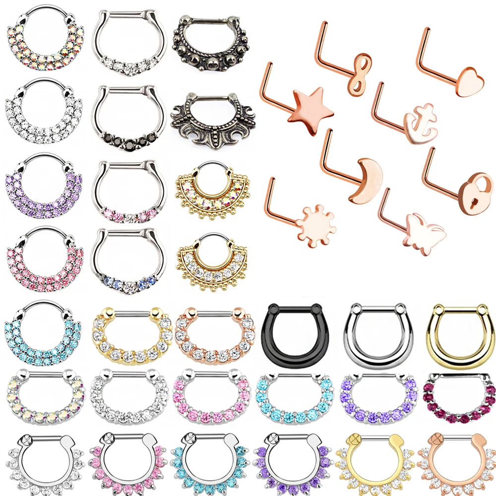 1 шт. кольцо для пирсинга носа, кольцо для пирсинга перегородки, спираль, манжета, фианиты, хрящи, серьги, ювелирные изделия, кольца для носа L-образной формы, серьги-гвоздики для носа