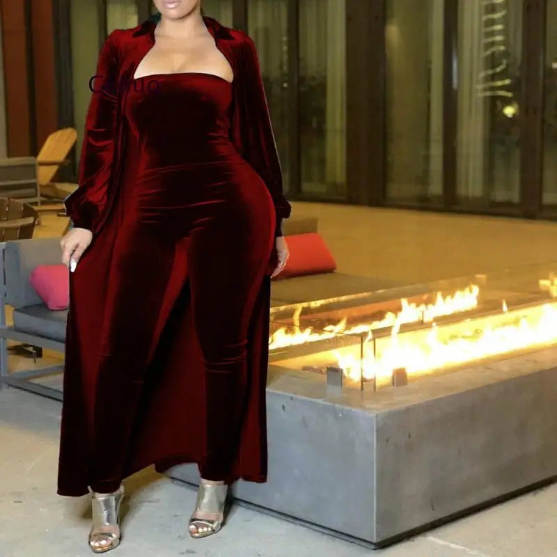 Best Quality Famous Brand 2 Pcs Velvet Women Set Solid X-Long Outwear and Strapless Jumpsuits