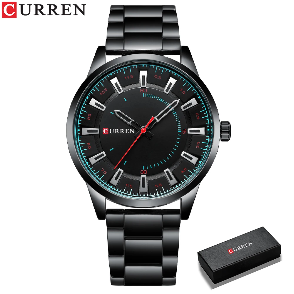 Curren Top Luxusmarke Edelstahl bänder lässig Business schwarze Männer Quarz Armbanduhr einfache Uhren für Männer 9