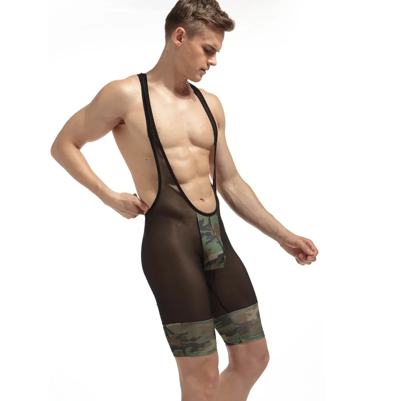 New Men's Bodysuit Fitness Wrestling Suit Sports Training Tights Black Soft Camouflage Mesh Sexy Lingerie Ultra-thin Swimwear