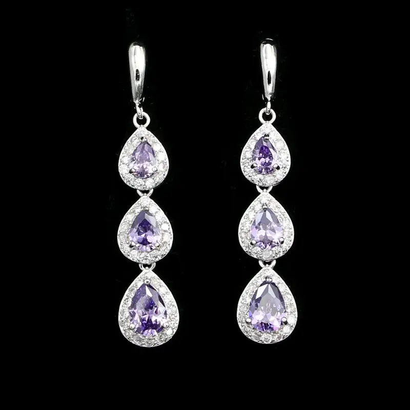 Water Drop 925 Sterling Silver Earrings for Women Purple Cubic Zirconia White Crystal Long Earrings