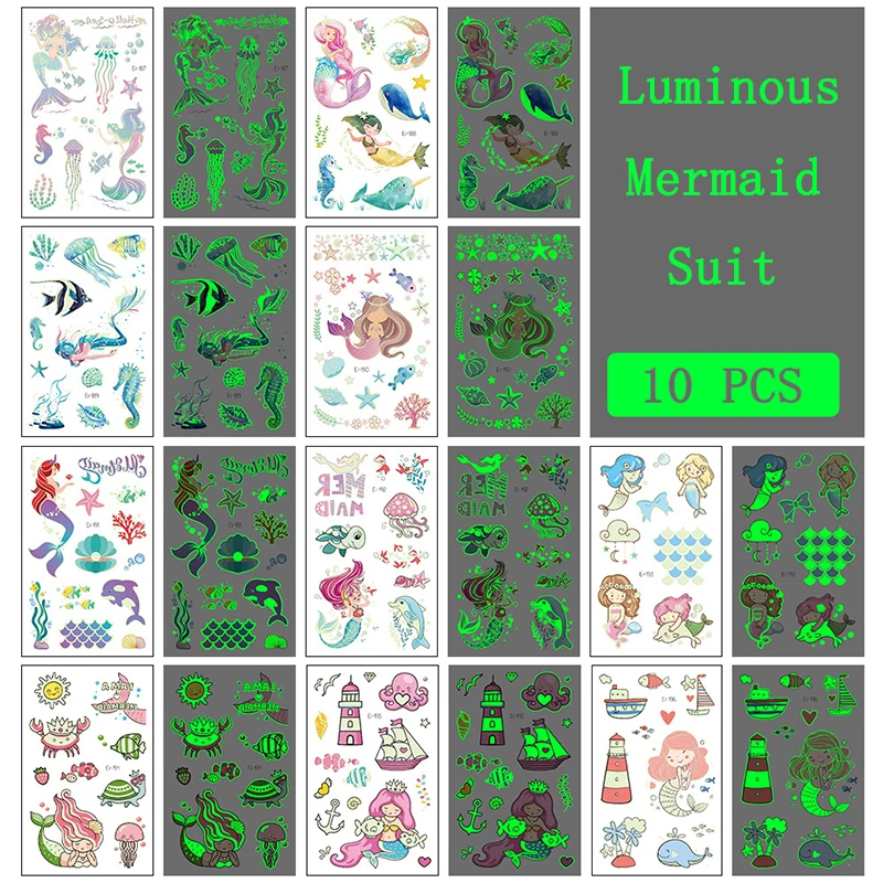 10pcs Cartoon Luminous Tattoo Sticker Children Arm Face Luminous Tattoo Dinosaur Mermaid Space Temporary Tattoo Sticker