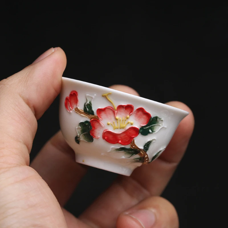 Old Style Fengxi Rose Ceramics, Hand-painted, High Temperature, Kung Fu Teacup, Underglaze Relief, No. YZ68