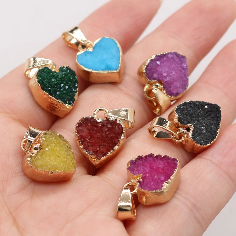 2PC Natural Stone Druzy Crystal Charms Heart Love Agates Quartz Pendant for Women DIY Necklace Earrings Making Jewelry Findings