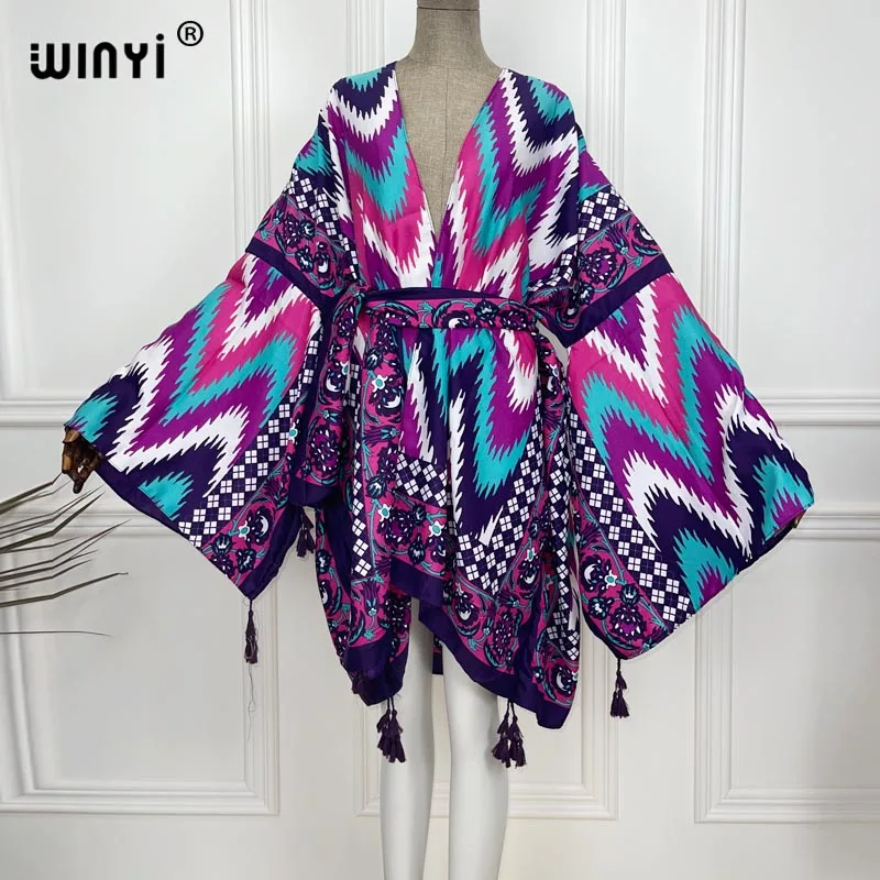 WINYI 2021 Afrika Sommer Frauen Strickjacke stich robe Cocktail sexcy Boho Maxi Afrikanischen Urlaub Batwing Hülse Silk Robe