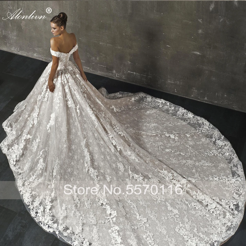 Alonlivn Lustrous Full Lace Appliques Beading Crystals Ball Gown Wedding Dress Off The Shoulder Long Train Princess Bridal Skirt