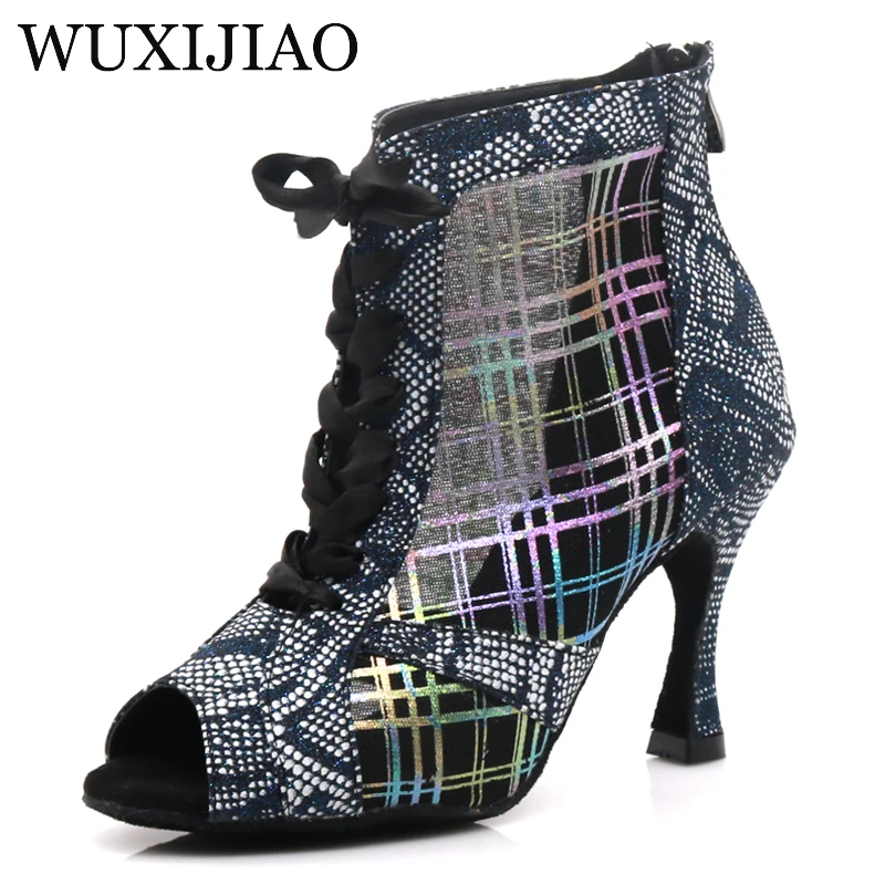 WUXIJIAO-Botas altas de baile latino para mujer, zapatos de suela suave, zapatos de salón de salsa, zapatos de baile de malla, tacones altos de Cuba