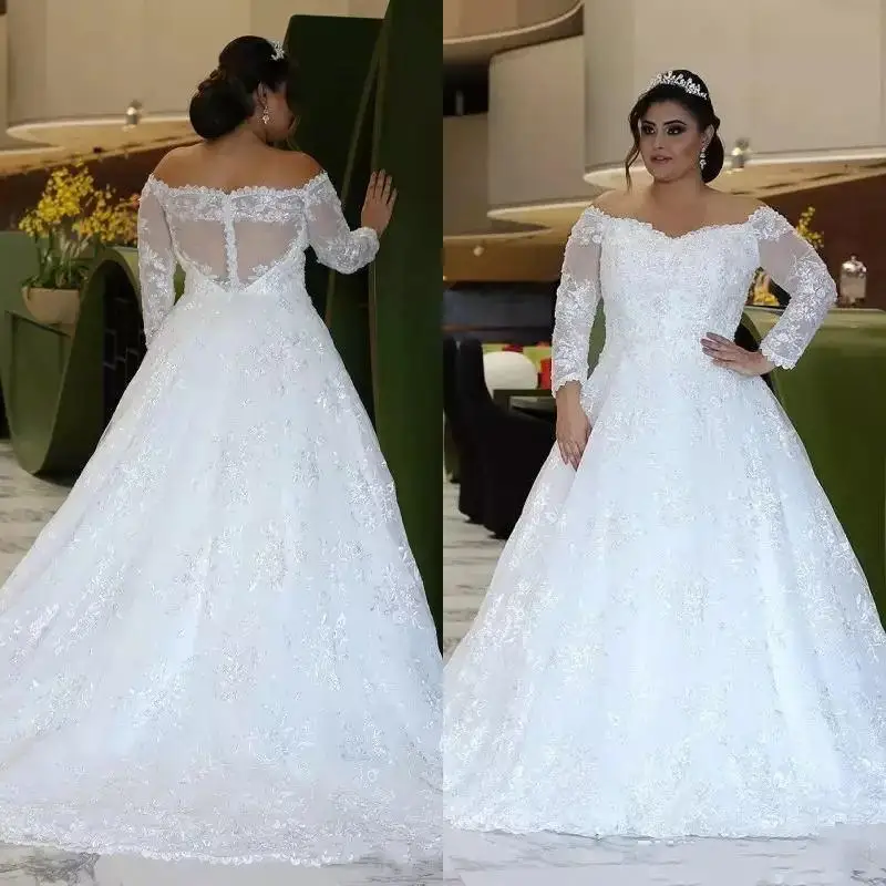 Vestido de novia de manga larga con hombros descubiertos para fiesta, traje de novia de talla grande, con cola de barrido, con cuentas de cristal y encaje, línea A