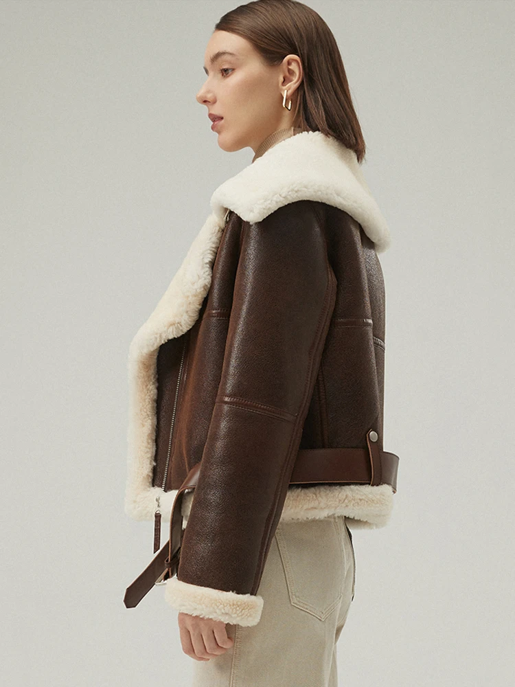 Denny & Dora ใหม่สตรี Shearling แจ็คเก็ตสีน้ําตาลหนังสั้นเสื้อขนสัตว์สตรีเสื้อฤดูหนาวธรรมชาติ Sheepskin Coat