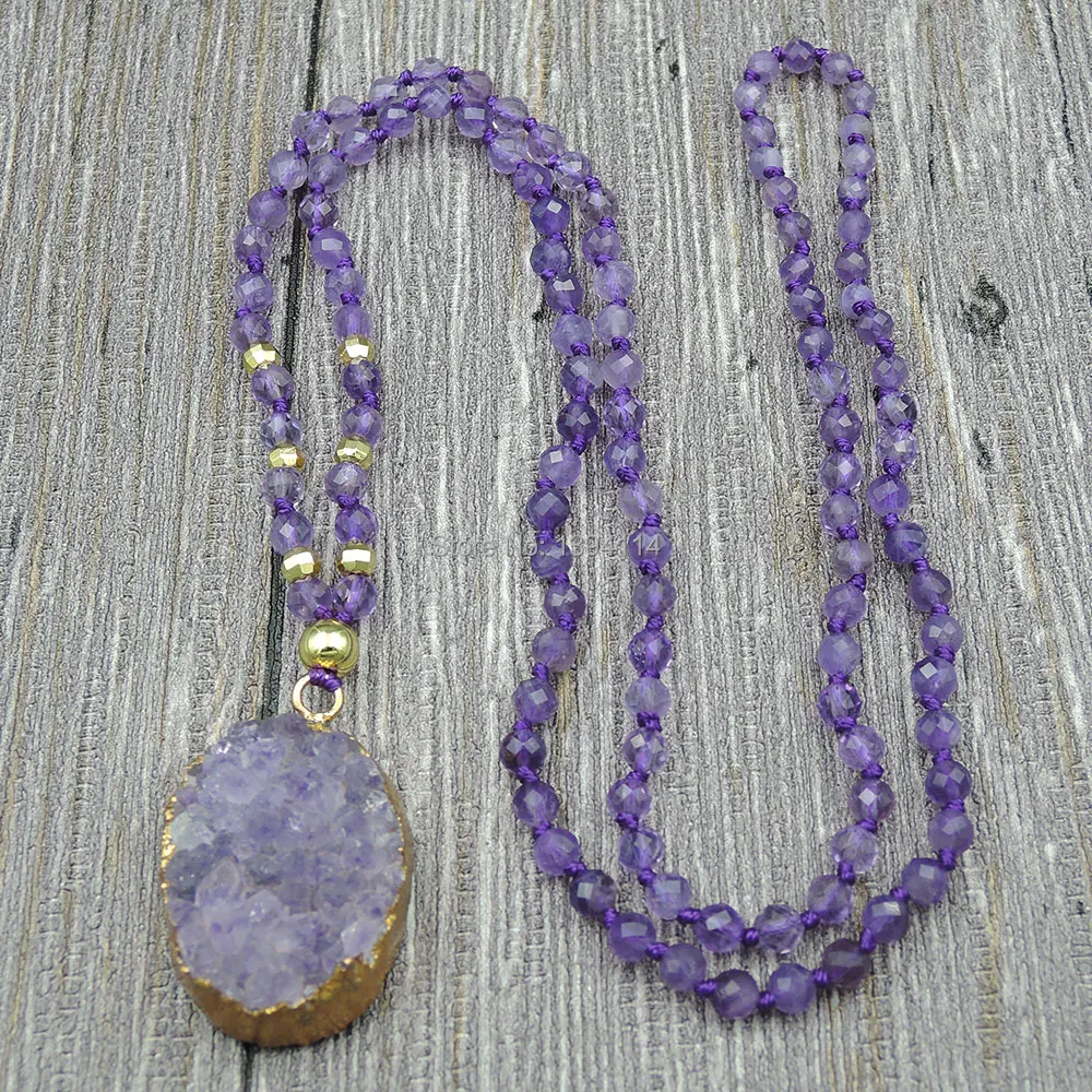 

Natural Amethyst Druzy Oval Pendant Neckalce 4mm Faceted Round Beads Knot Handmade