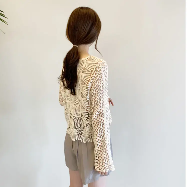 Shawl Summer Dress White Long Sleeve Top Hollow Mesh Mesh Shirt Knitted Blouse Lace Blouse for Women