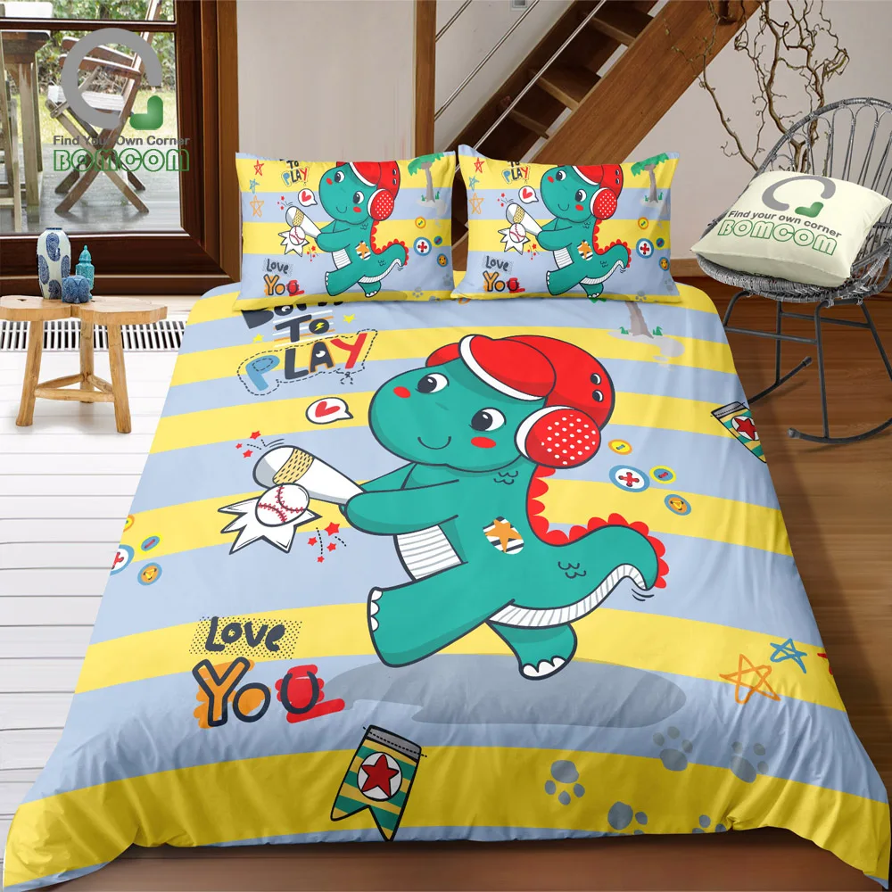 

BOMCOM Digital Printing Bedding Set Adorable Dinosaur Play Baseball With Bat And Cap Duvet Cover 100% Microfiber