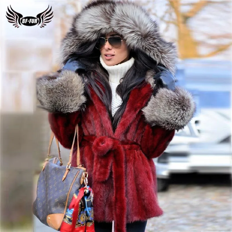 Fashion Red Real Mink Fur Jacket With Sliver Fox Fur Trim Of Hood Natural Full Pelt Genuine Mink Fur Coat With Belt Luxury Coats