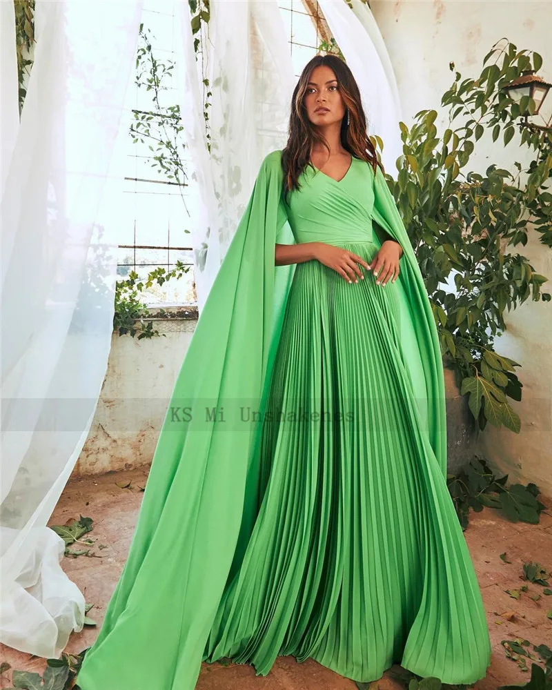 Vestidos de Fiesta largos de gasa con capa para mujer, vestidos de noche formales elegantes, cuello en V, vestido de desfile, verde, barato