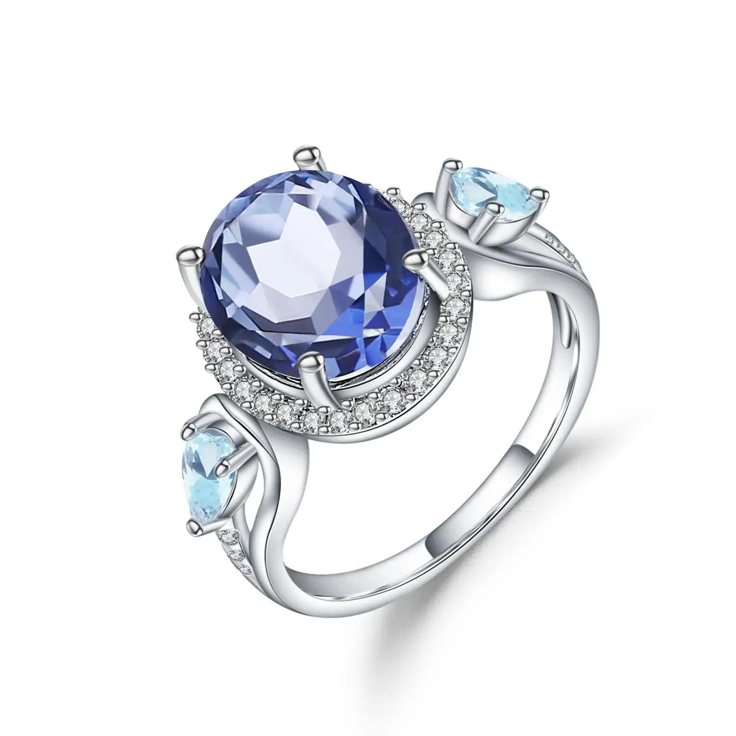 Gem's Ballet-anillos de plata de ley 925 para mujer, joyería fina con Topacio azul cielo, iolita Natural, cuarzo místico azul, 3.31Ct