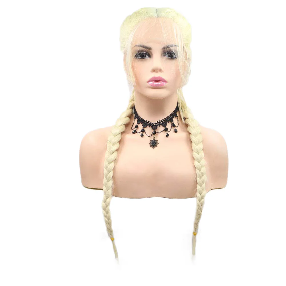 Lt Yellow Double Braid Synthetic Lace Front Wig Natural Hairline Color 613 Heat Resistant Fiber Daily Wigs for Women 24 Inch