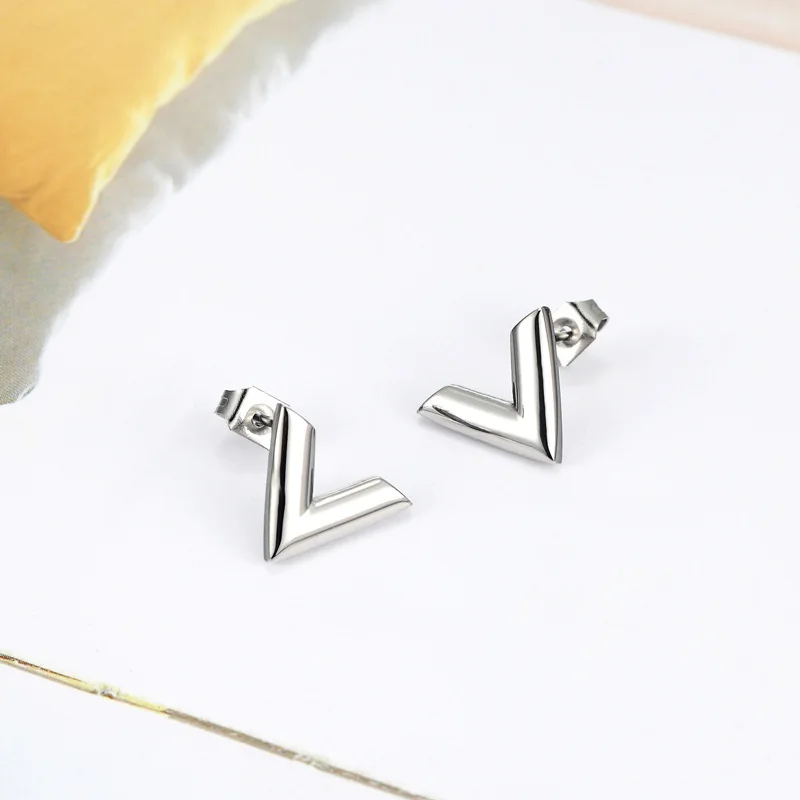 Luxury Brand Jewelry Simple Design V Letter Earrings For Women Stainless Steel Gold-Color Elegant Party Stud Earrings KE002-1