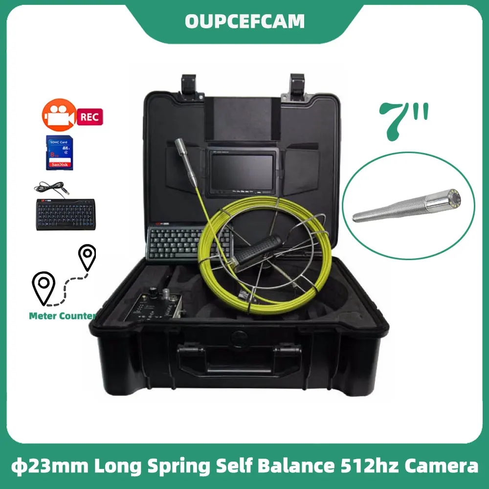 

φ23mm Long Spring Self Balance 512hz Camera Drain Sewer Pipe Inspection Endoscope 7" Screen DVR Keyboard Meter Counter 5mm Cable