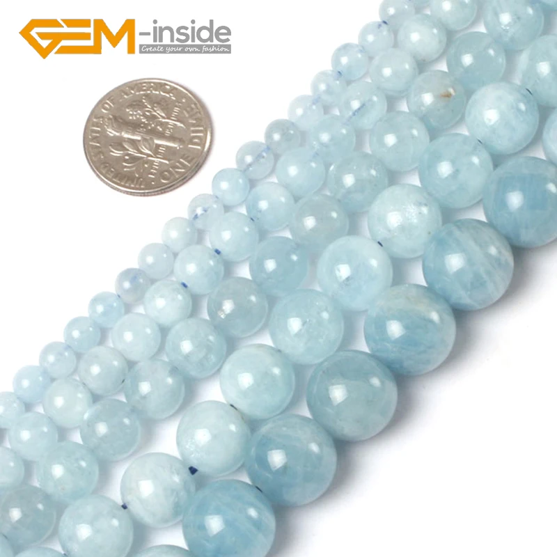 Natural Round Blue Aquamarines Semi-precious Stone Natural Beads DIY For Jewlery Making Strand 15\