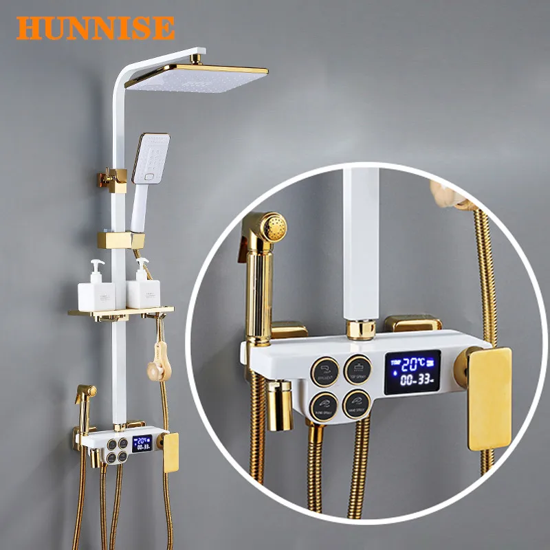 Digital Shower Set White Gold Bathroom Mixer Set Solid Brass Bathtub Mixer Faucet Rainfall Shower Head Thermostatic Shower Set