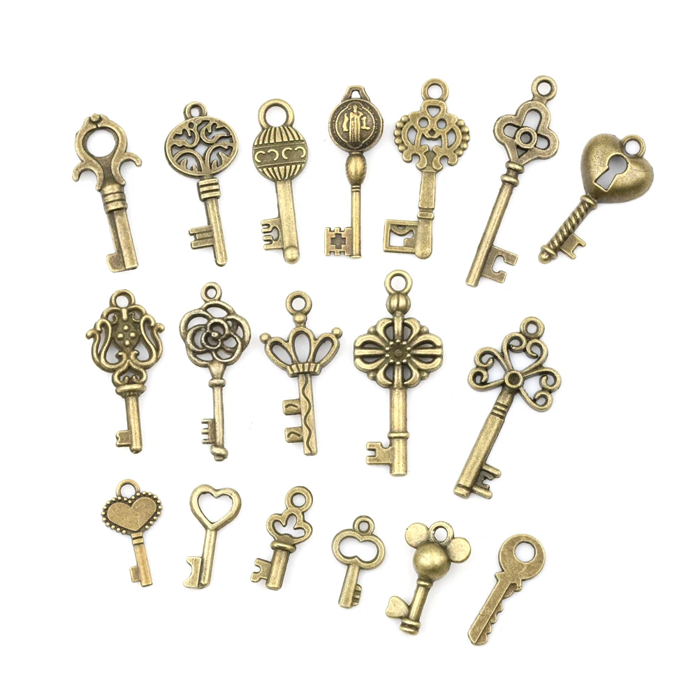 18pcs/sets Antique Bronze Vintage old look Ornate Skeleton Keys Lot Necklace Pendant Fancy Heart Decor