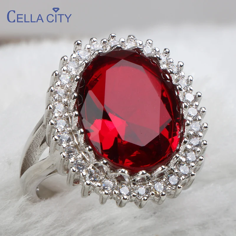 Cellacity Silver 925 Jewelry Geometry Ruby Ring for Women Large Oval Gemstones Accessory Trendy Anniversary Gifts Size6,7,8,9,10