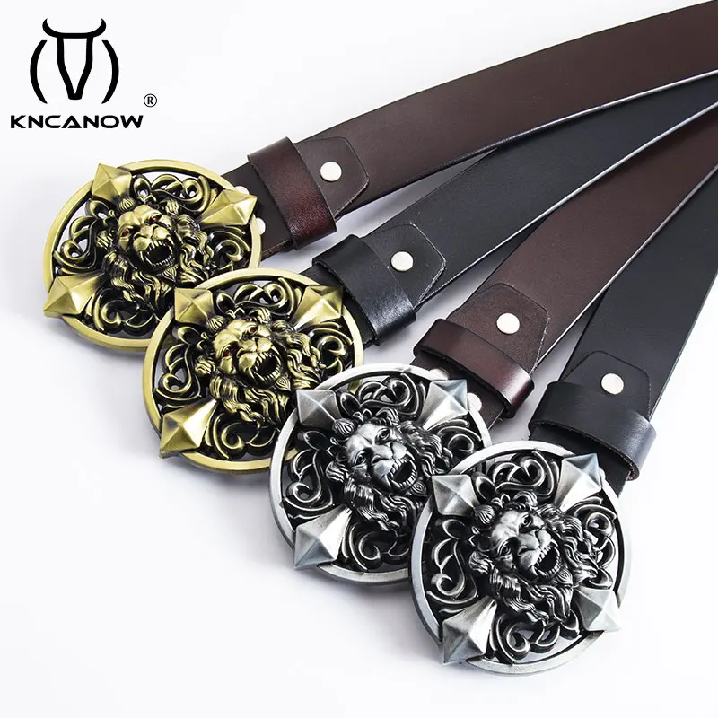 Mens Belt Lion Head Buckle Genuine Leather Straps Fashion High Quality Male Luxury Fancy Vintage Jeans Casual Pants Knight Strap