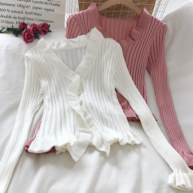 Korobov Korean Sweet Summer Cardigans Vintage Office Lady V Neck Flare Long Sleeve Ruffles Sweaters Japanese Knitwear Top