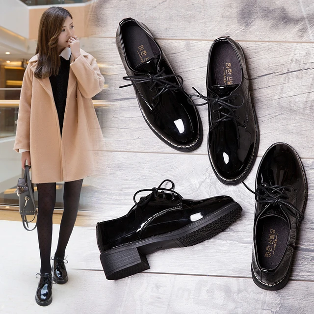 Glitter matte Black Leather Shoes Korean Student Trendy Cross tied Japanned Leather Oxfords Shoes Woman Thick Heels Single Shoes Flats AliExpress