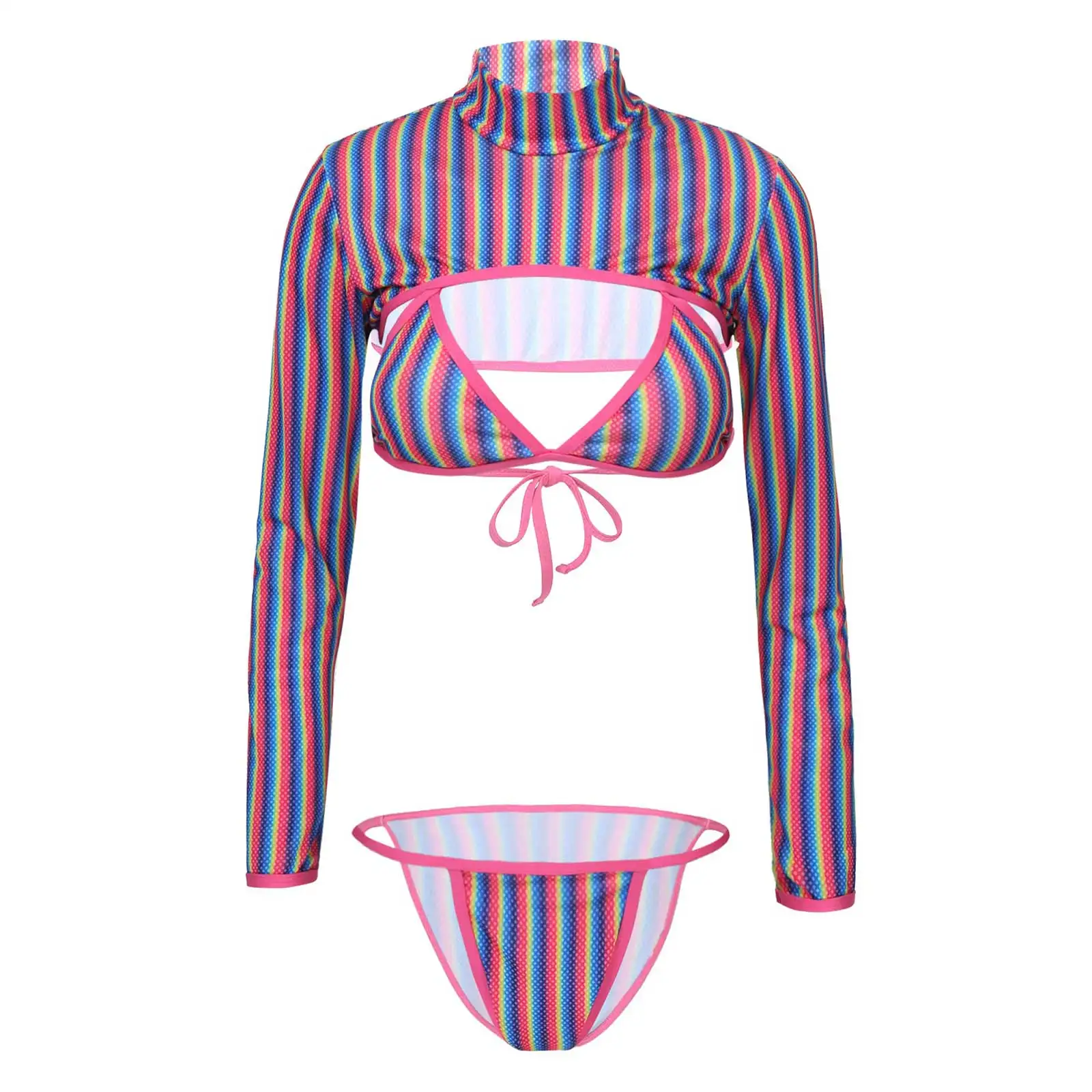 3pcs Fashion Women Stripe Print Sexy Swimsuit 2021 Bikini Set Tie String Bra High Cut Triangle with Long Sleeve Crop Top Suit