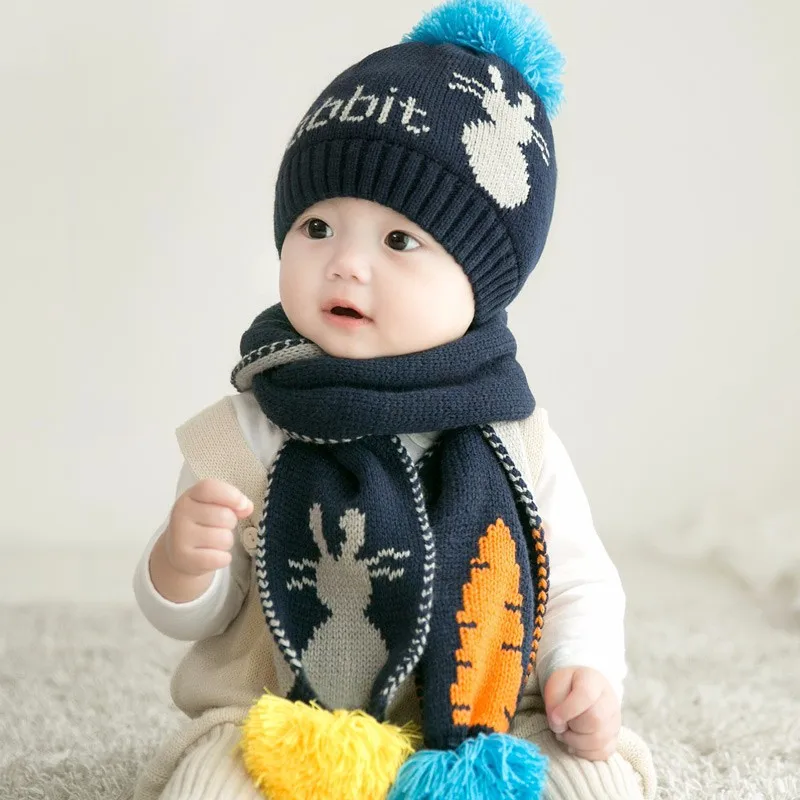 Child Baby Girls Hat Winter Warming Set Baby Cotton Hats Babies Boys Snow Plus Velvet Wool Hat For Kids Ear Protect Hat +Scarf